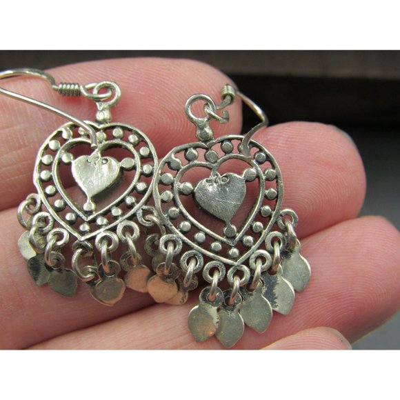 Sterling Silver Small Red Inlay Heart Fancy Rustic Earrings Vintage Wedding - Picture 5 of 7